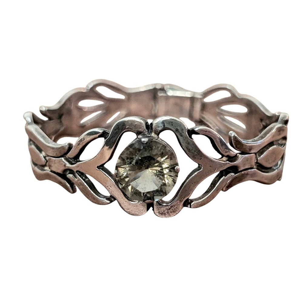 Vintage Taxco‎ Eagle Mexican Sterling Silver Smoky Quartz Hinged Bangle Bracelet